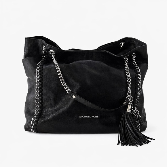 Michael Kors Black Leather Chain Tote with Tassel Charm